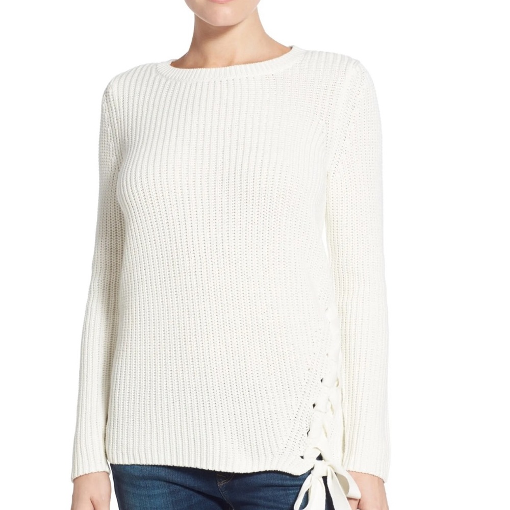 Halogen Lace-Up Side Cotton Rib Knit Sweater